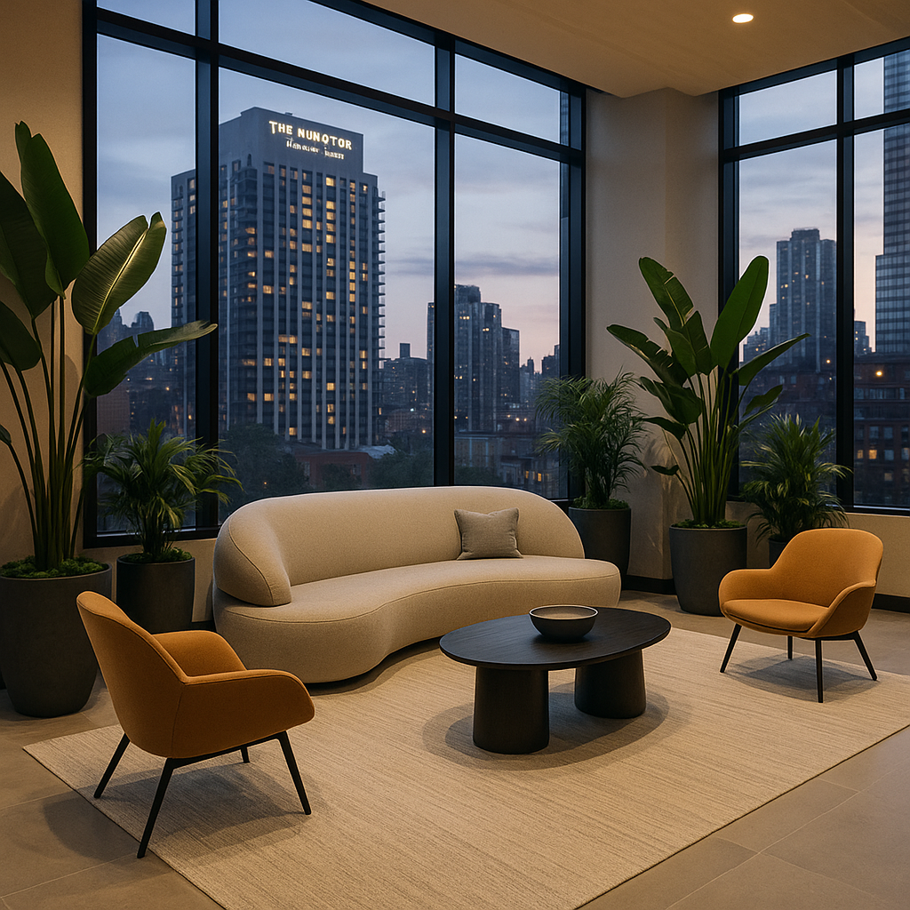 Lobby lounge with sculptural sofa and plants