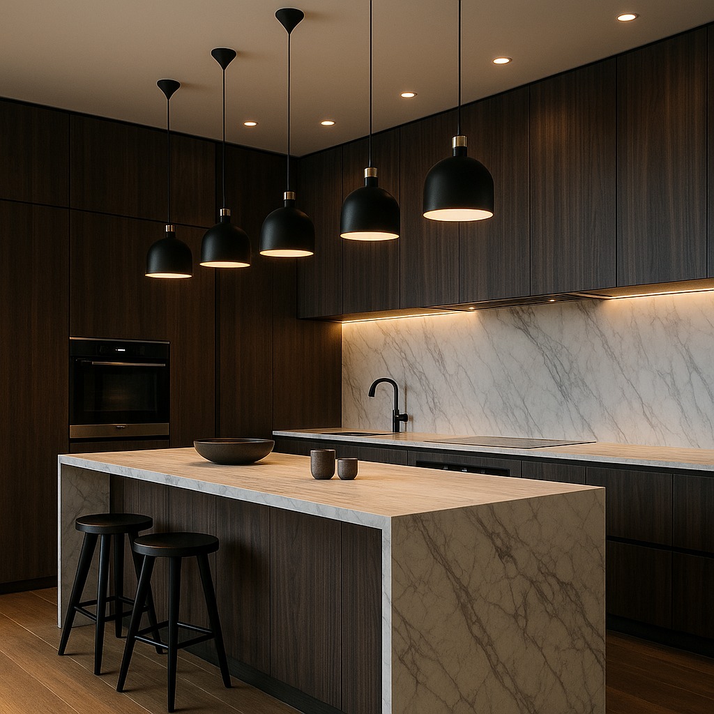 Kitchen studio with marble island and dark wood